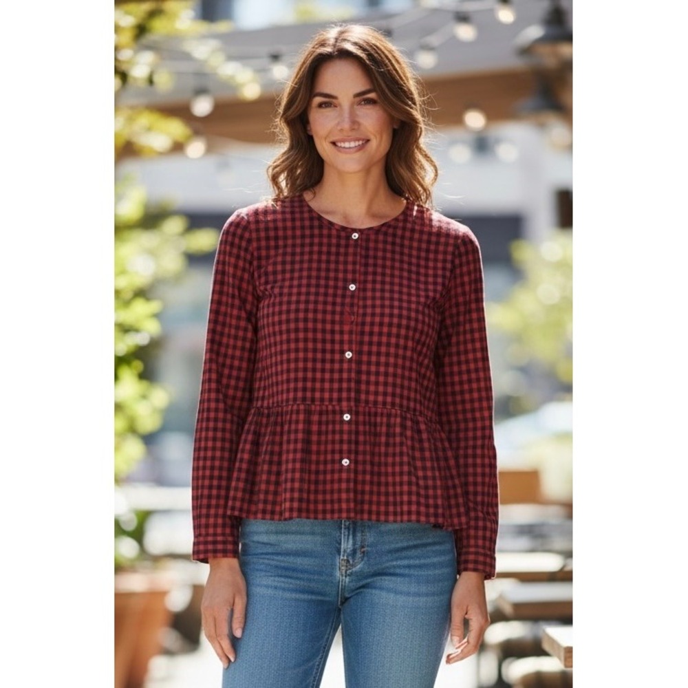 Rails Celest Button-Down Peplum Top Red Black Plaid‎ Long Sleeve Blouse Size XS